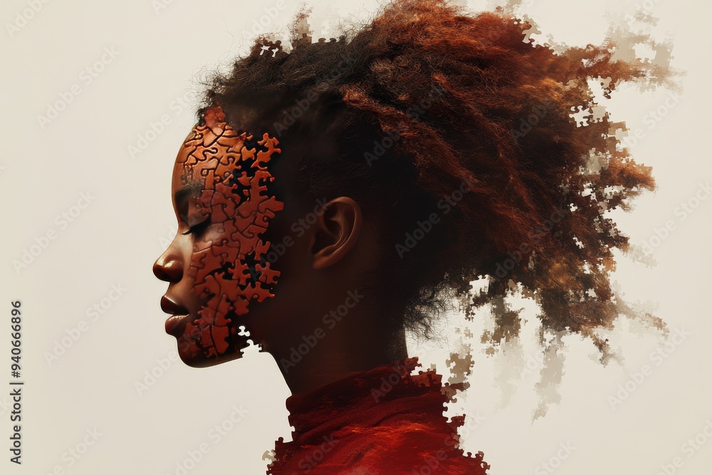 Poster surreal portrait of a woman with her face dissolving into puzzle pieces symbolizing the fragmentatio