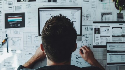 A UX designer working on a digital interface with sketches and wireframes scattered around, showcasing their creative process