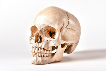 Obraz premium Realistic Human Skull on White Background with Dramatic Lighting