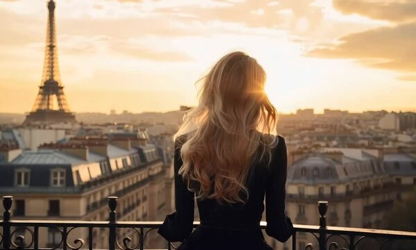 woman with eiffel tower in paris on background