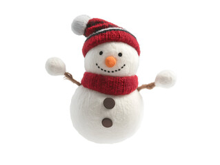 photo of a soft cotton snowman doll with fluffy texture floating in mid-air on isolated background
