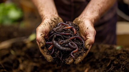 A close-up shot of a vermiculturist gently handling a handful of rich, dark compost filled with earthworms, showcasing the health of the soil