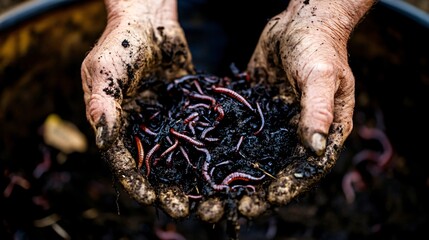 A close-up shot of a vermiculturist gently handling a handful of rich, dark compost filled with earthworms, showcasing the health of the soil