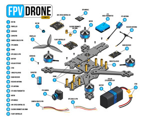 FPV Drone components. Isometric FPV drone parts isolated illustration on white background. Racing freestyle RC Drone. FPV drone Infographics