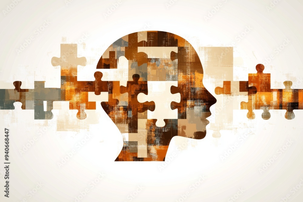 Poster futuristic digital art of a human head composed of floating puzzle pieces symbolizing the fragmentat
