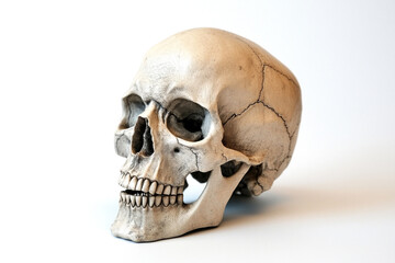 Realistic Human Skull on White Background with Dramatic Lighting