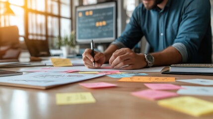 Focused Business Professional Planning with Sticky Notes and Diagrams in a Modern Office