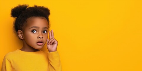 A young deaf child performing ASL American sign language against a vibrant background