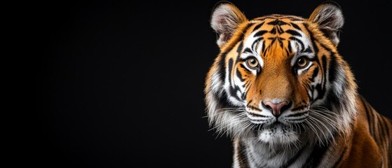 Obraz premium A tight shot of a tiger's visage against a dark backdrop, its features softly obscured by a hazy blur