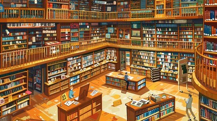 Naklejka premium 4. A large, bustling library scene with an impressive collection of books, perfect for a World Book Day theme. The library is filled with rows of shelves, each packed with colorful book spines. There