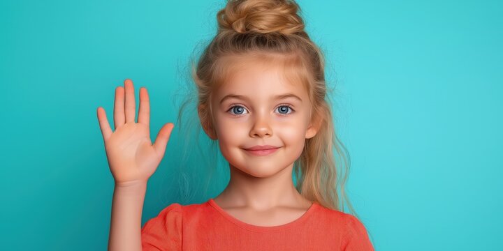 A young deaf child performing ASL American sign language against a vibrant background