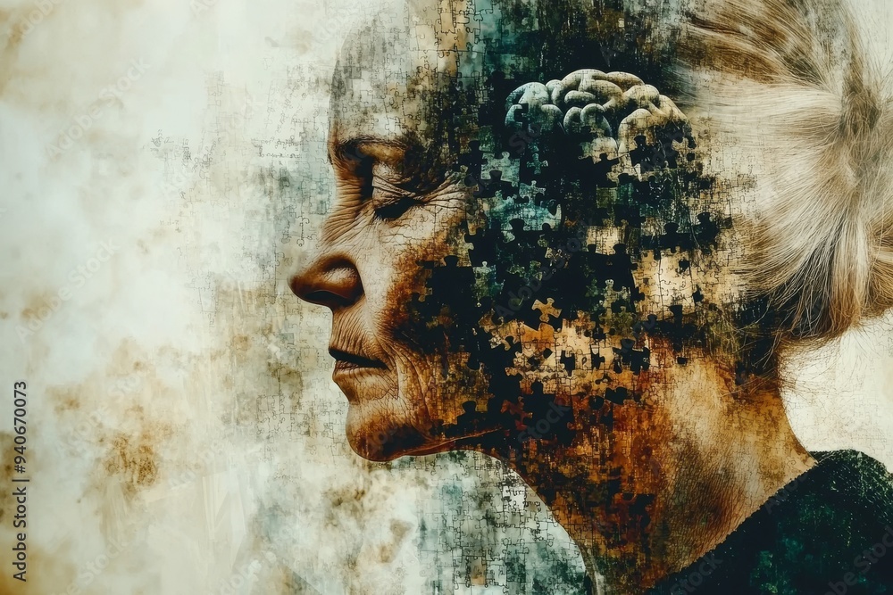 Poster surreal portrait of a woman with her head dissolving into particles symbolizing the fragility of mem