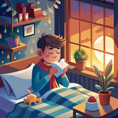 Young boy relaxes with a book in his bed as the sun sets outside his bedroom window