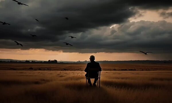A lone figure sits in a field under a stormy sky, contemplating the unknown.
