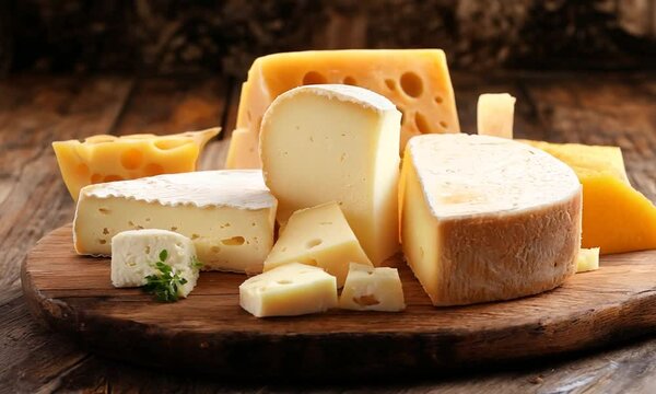 Assortment of Cheeses on a Wooden Board