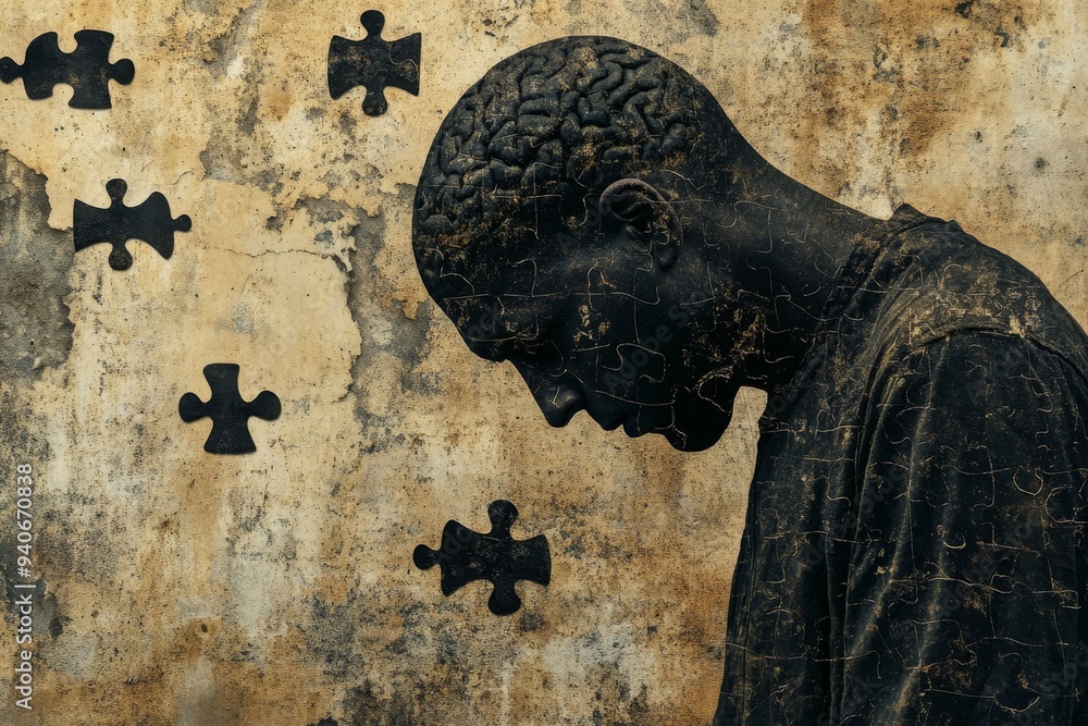 Poster vintage inspired portrait of a man with puzzle pieces falling from his head symbolizing the fragment