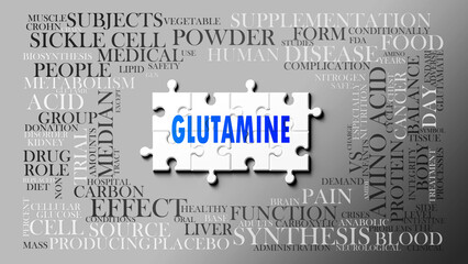 Glutamine as a complex subject, related to important topics. Pictured as a puzzle and a word cloud made of most important ideas and phrases related to glutamine. ,3d illustration