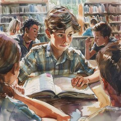 1. A young Caucasian boy intently reading a book at a library table, surrounded by a group of smart students engaged in animated discussions about their studies