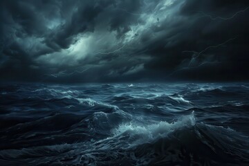 Ocean Storm. Dark Night Seascape with Lightning and Waves at the Edge of a Storm