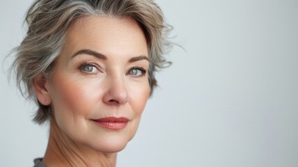 Naklejka premium Middle aged woman with healthy skin in close up portrait.