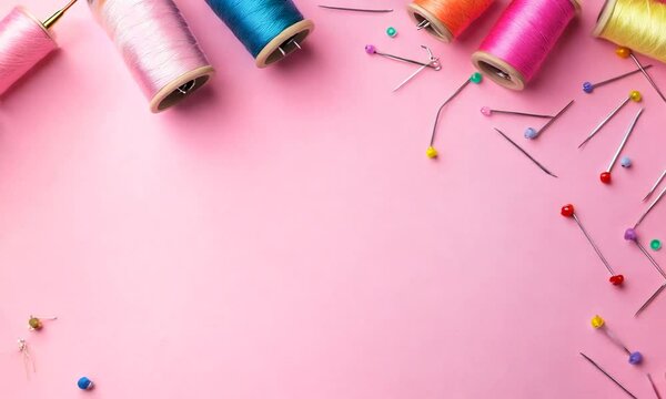 Colorful Sewing Supplies on Pink Background
