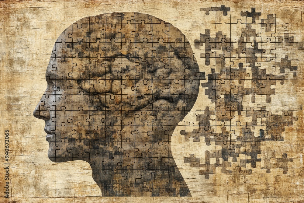 Poster a silhouette of a human head composed of puzzle pieces on an aged textured background symbolizes the