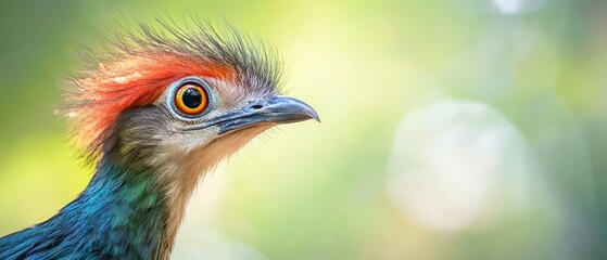  A red-headed bird in focus against a green background, its blue body contrasting sharply, while the backdrop softly blurs