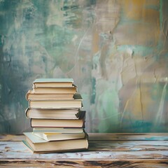 16. A stack of books neatly arranged on a wooden desk table, set against an abstract background with soft, muted colors