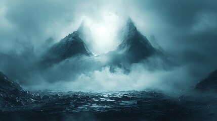 A haunting landscape shrouded in fog and darkness, perfect for Halloween-themed designs, storytelling, and atmospheric backgrounds, with copy space.