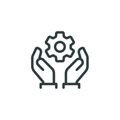 Outline icon easy operation process, maintenance customize, engineering. Line sign two human hands holding a gear, cogwheel. Vector isolated pictogram for web on white background editable stroke.