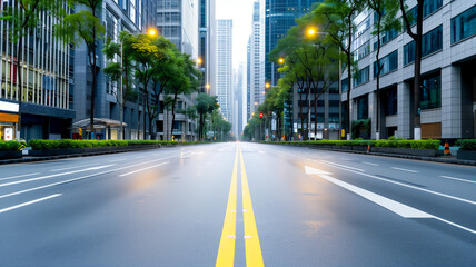 A wide-angle view of an empty city street flanked by modern skyscrapers. The street is lined with trees and illuminated by street lights, creating a serene urban scene.