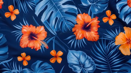 Tropical Floral Fusion, a vibrant design showcasing bold orange blossoms intertwined with lush blue foliage, set against a deep blue backdrop for striking contrast.