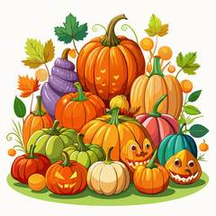 A Collection of Pumpkins with Carved Faces and Autumn Foliage