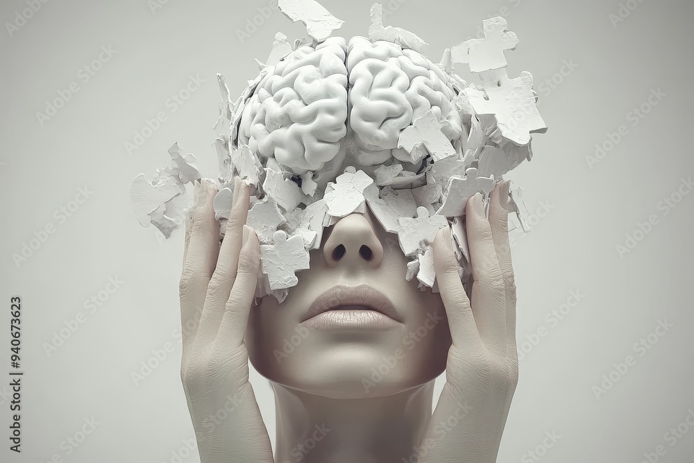 Aufkleber monochrome image of a figure with a fragmented brain symbolizing the overwhelming pressure and menta