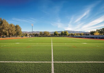 An expansive empty soccer field stretches out with a stunning blue sky beautifully dominating the background, creating a serene scene