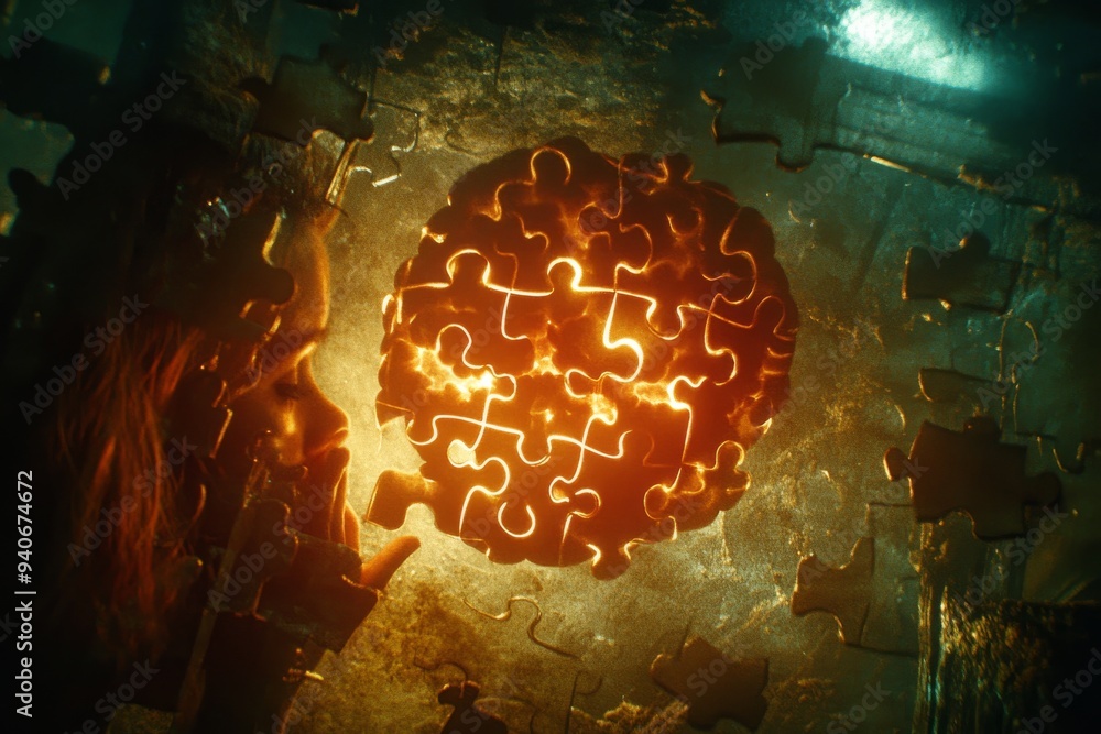 Aufkleber abstract representation of a brain with puzzle pieces engulfed in fiery intense light symbolizing th