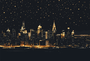 Fototapeta premium Nighttime Cityscape with Illuminated Buildings and Stars