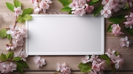 Spring cherry blossom background with wooden board