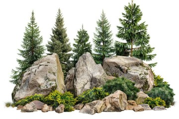 Rock surrounded by trees  garden design  decorative shrub  clipping mask.
