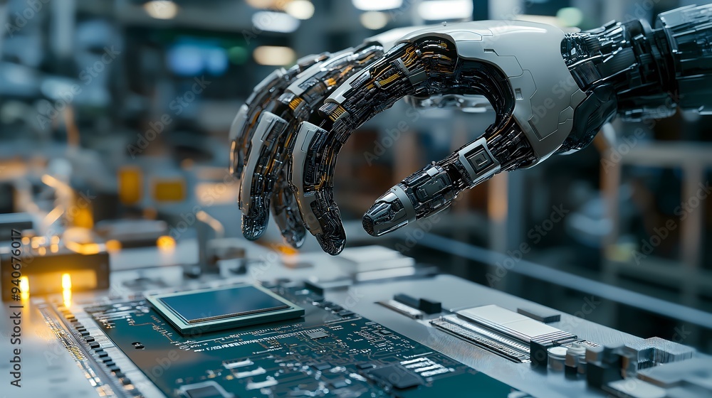 Poster a close-up of a robotic hand delicately holding a microchip. the hand is highly detailed with visibl