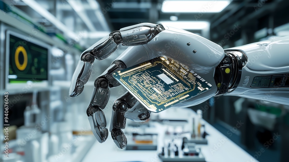 Poster a close-up of a robotic hand delicately holding a microchip. the hand is highly detailed with visibl