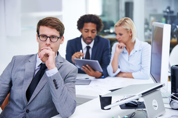 Fototapeta premium Man, thinking and accountant manager in office, investment broker and leader of team planning. Finance, project and ideas for stock market trading in workplace, coworking and trader for accounting