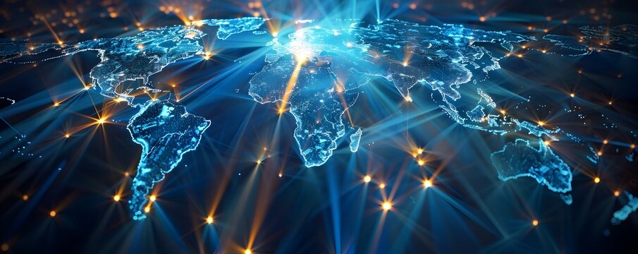 Global Currency Symbol Radiating Light Across Worldwide Digital Network