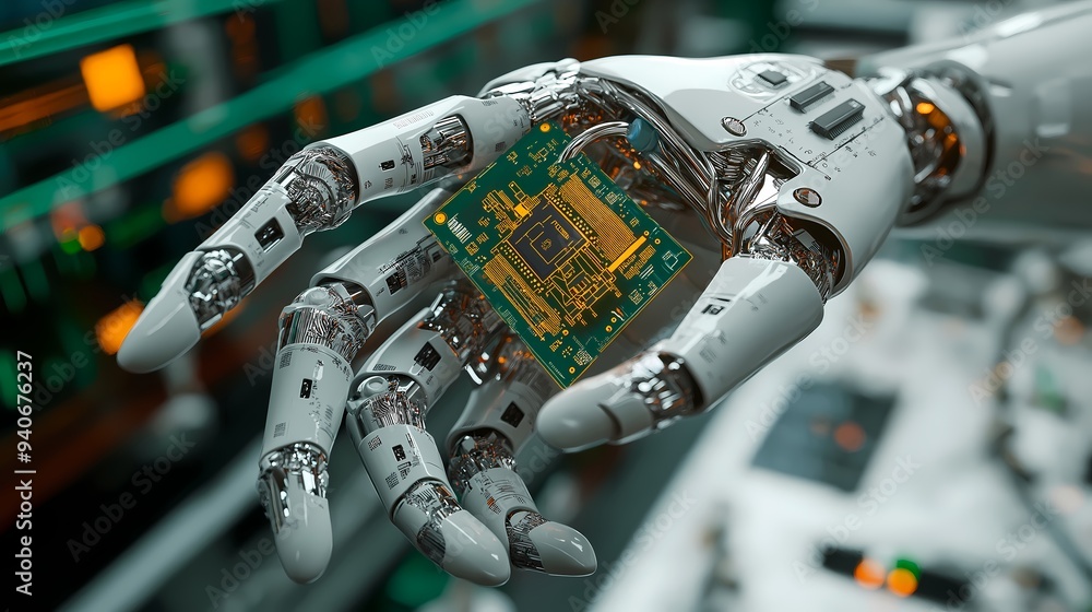 Poster a close-up of a robotic hand delicately holding a microchip. the hand is highly detailed with visibl