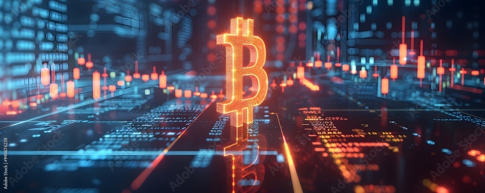 Aufkleber digital interface with glowing cryptocurrency symbol and upward price graphs