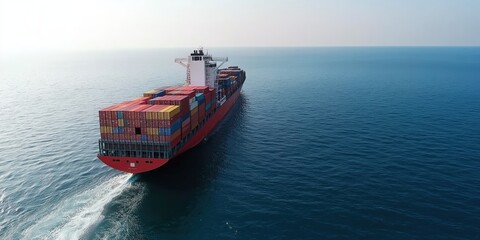 Fototapeta premium Aerial View of a Cargo Ship with Containers Navigating the Open Sea