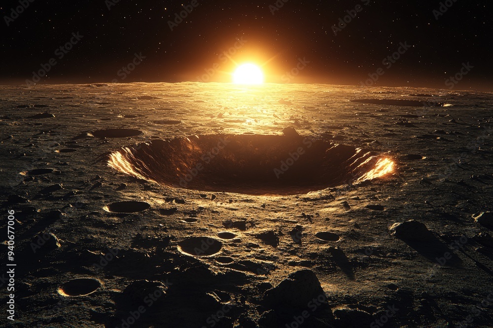 Poster A Large Crater on a Planetary Surface with a Distant Sun