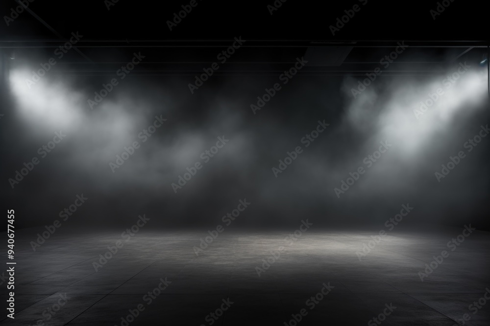 Aufkleber empty space studio dark room with spot lighting and fog in black background.
