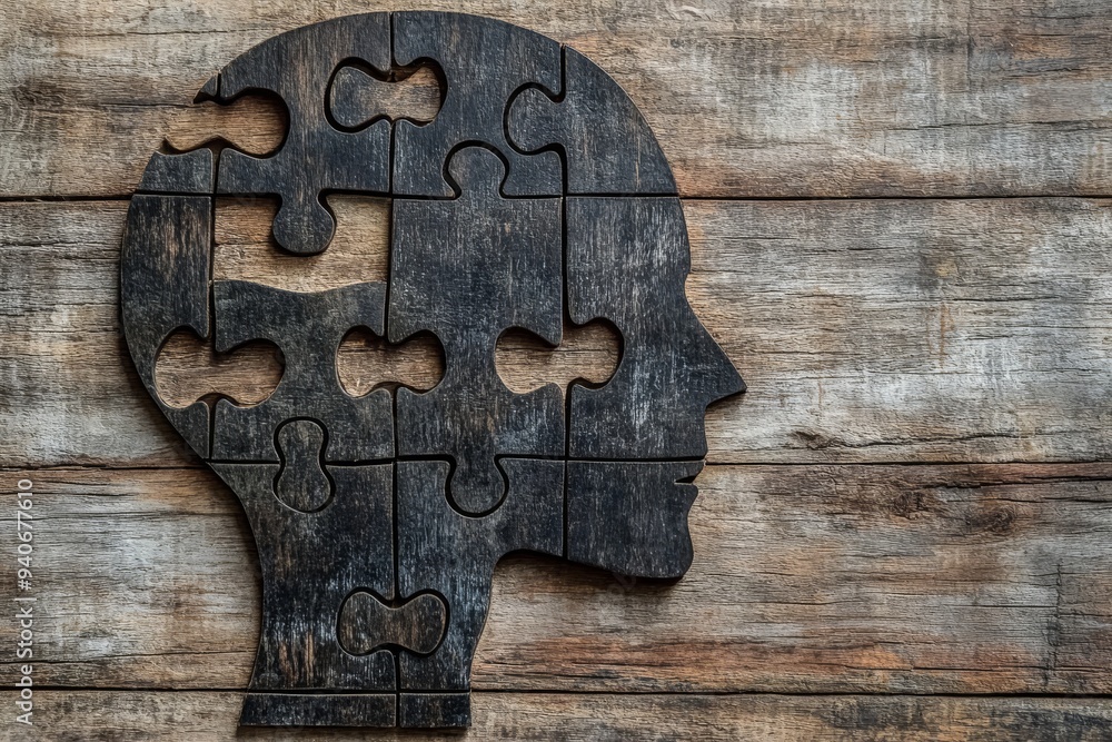Poster rustic illustration of a human head with puzzle pieces missing symbolizing the incomplete nature of 