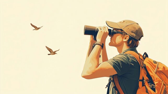 A wildlife biologist using binoculars to observe birds in their natural habitat, with a calm expression and a light solid color background
